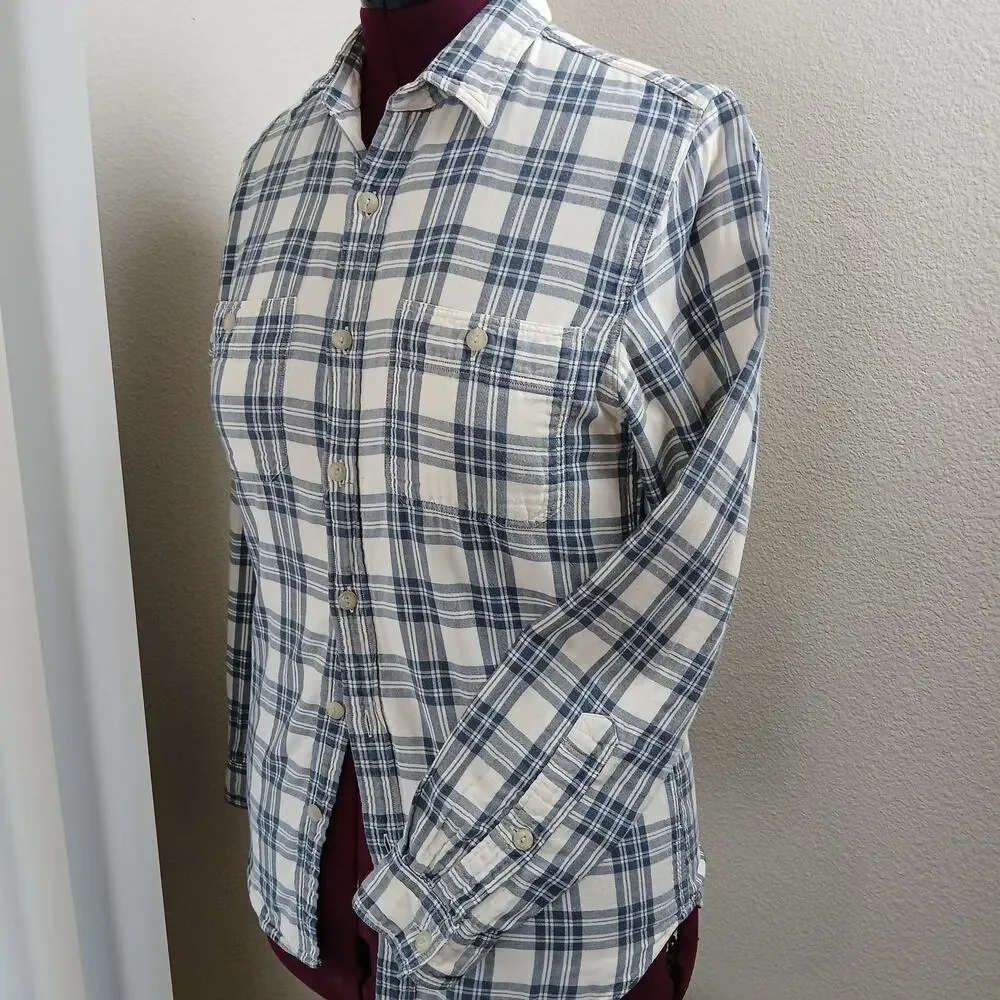 J.Crew Tailored Fit Workshirt Mens Small plaid white blue double layer cotton LS